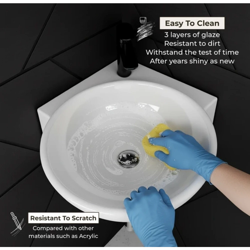 FOXX Ceramic Premium High Gloss White Wash basin for Bathroom, Hotels, Kitchen Round Corner - Diamond White Corner Basin (White)