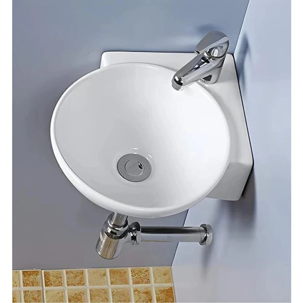 FOXX Ceramic Premium High Gloss White Wash basin for Bathroom, Hotels, Kitchen Round Corner - Diamond White Corner Basin (White)