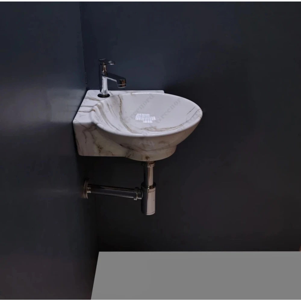 Foxx Sanitaryware Corner 2 in 1 designer wash basin for Bathroom (M34) (14*16.5*5) (14*16.5*5) Round Corner (M34) Corner Basin (White and Grey Marble Design)
