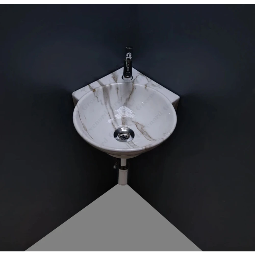 Foxx Sanitaryware Corner 2 in 1 designer wash basin for Bathroom (M34) (14*16.5*5) (14*16.5*5) Round Corner (M34) Corner Basin (White and Grey Marble Design)