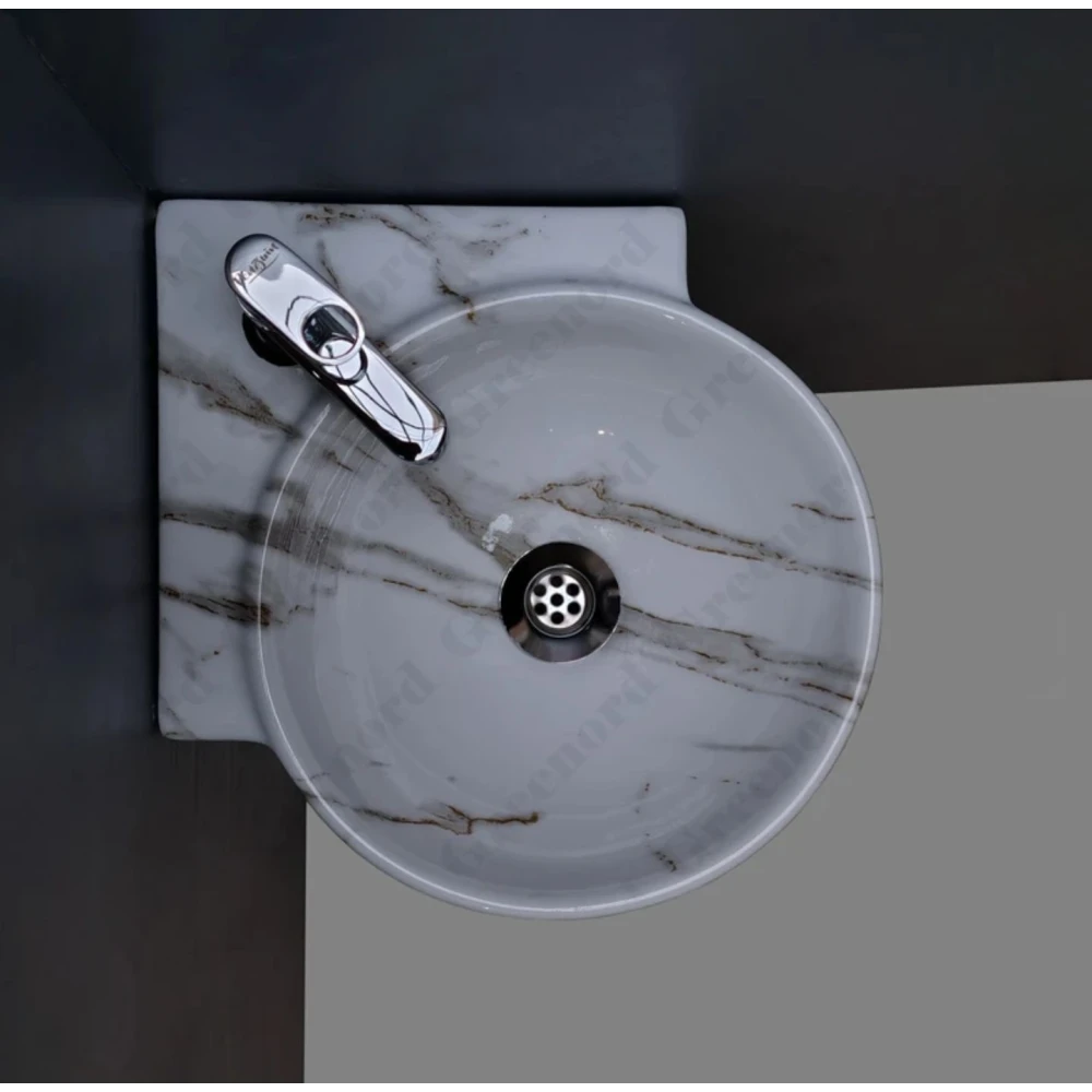 Foxx Sanitaryware Corner 2 in 1 designer wash basin for Bathroom (M34) (14*16.5*5) (14*16.5*5) Round Corner (M34) Corner Basin (White and Grey Marble Design)