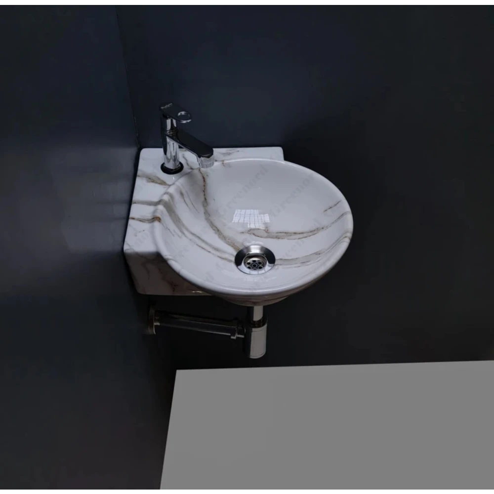 Foxx Sanitaryware Corner 2 in 1 designer wash basin for Bathroom (M34) (14*16.5*5) (14*16.5*5) Round Corner (M34) Corner Basin (White and Grey Marble Design)