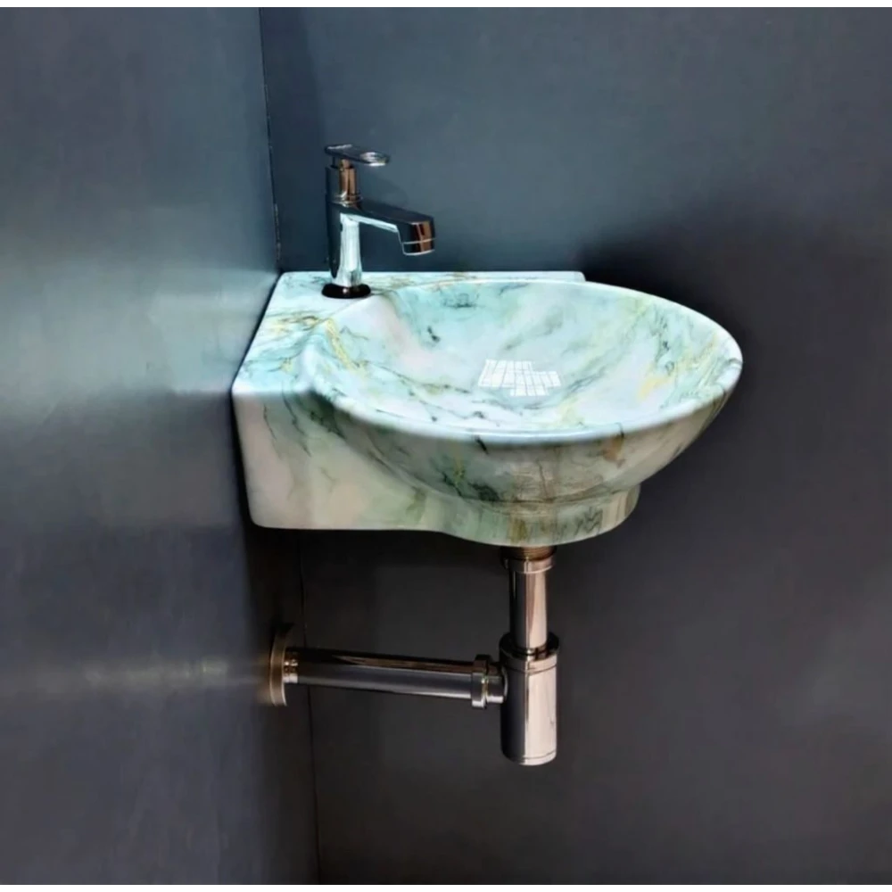 Foxx Sanitaryware Corner 2 in 1 designer wash basin for Bathroom (M48) (14*16.5*5) (14*16.5*5) Round Corner (M48) Corner Basin (MulticolorMarble Design)