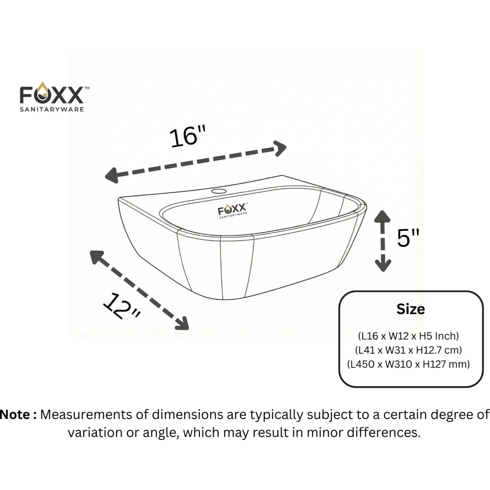 Foxx Sanitaryware Premium Ceramic White Wash Basin for Home , Bathroom & Hotel (16x12x5) (16x12x5) (Plain Premium White) Wall Hung Basin (Plain White)
