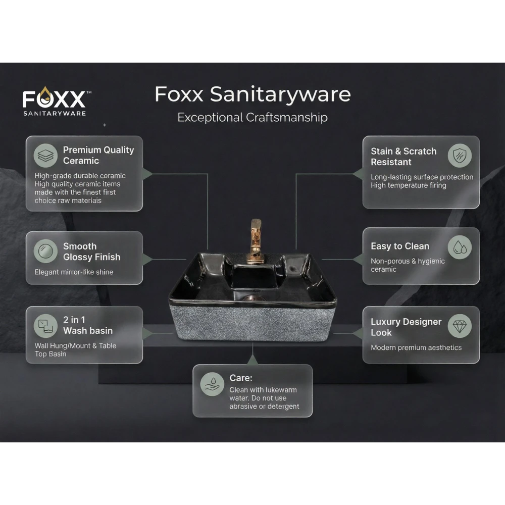 Foxx Sanitaryware 2 in 1 Wall Mount & Table top Ceramic Premium Designer Wash Basin(16x12x5)(M-22) (16x12x5) (M22) Wall Hung Basin (Black & Grey Structure Design)