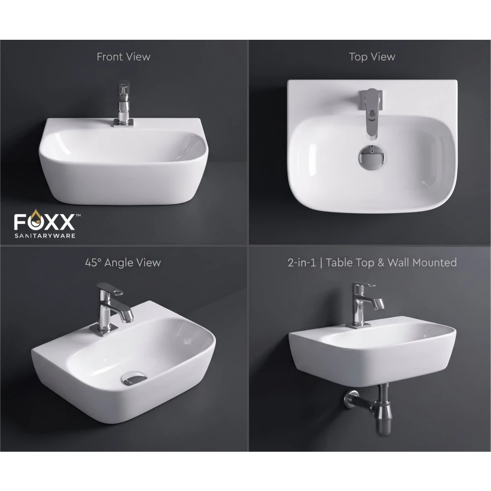 Foxx Sanitaryware Premium Ceramic White Wash Basin for Home , Bathroom & Hotel (16x12x5) (16x12x5) (Plain Premium White) Wall Hung Basin (Plain White)