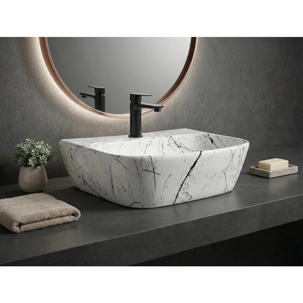 Foxx Sanitaryware 2 in 1 Wall Mount & Table Top Ceramic Premium Wash basin DD2 (M-06) New (16x12x5) DD2 (M-06) New Wall Hung Basin (White & Black Marble Design)