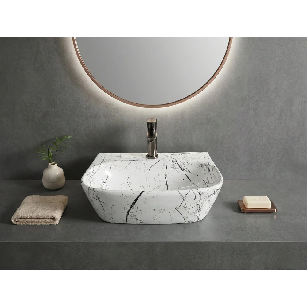 Foxx Sanitaryware 2 in 1 Wall Mount & Table Top Ceramic Premium Wash basin DD2 (M-06) New (16x12x5) DD2 (M-06) New Wall Hung Basin (White & Black Marble Design)