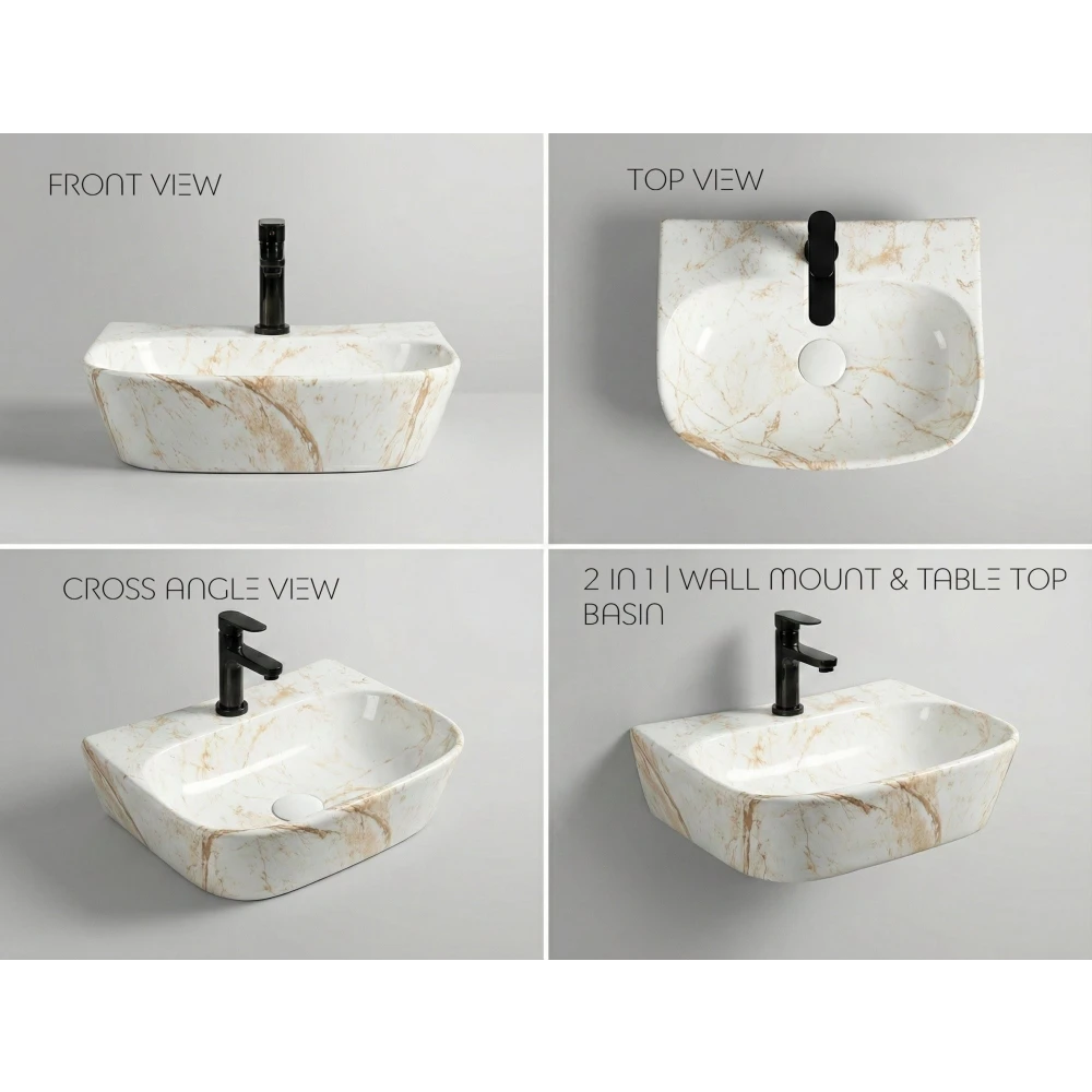 Foxx Sanitaryware 2 in 1 Wall Mount & Table Top Ceramic Premium Wash basin DD2 (M-10) (16x12x5) DD2 (M-10) Wall Hung Basin (White & Beige Marble Design)