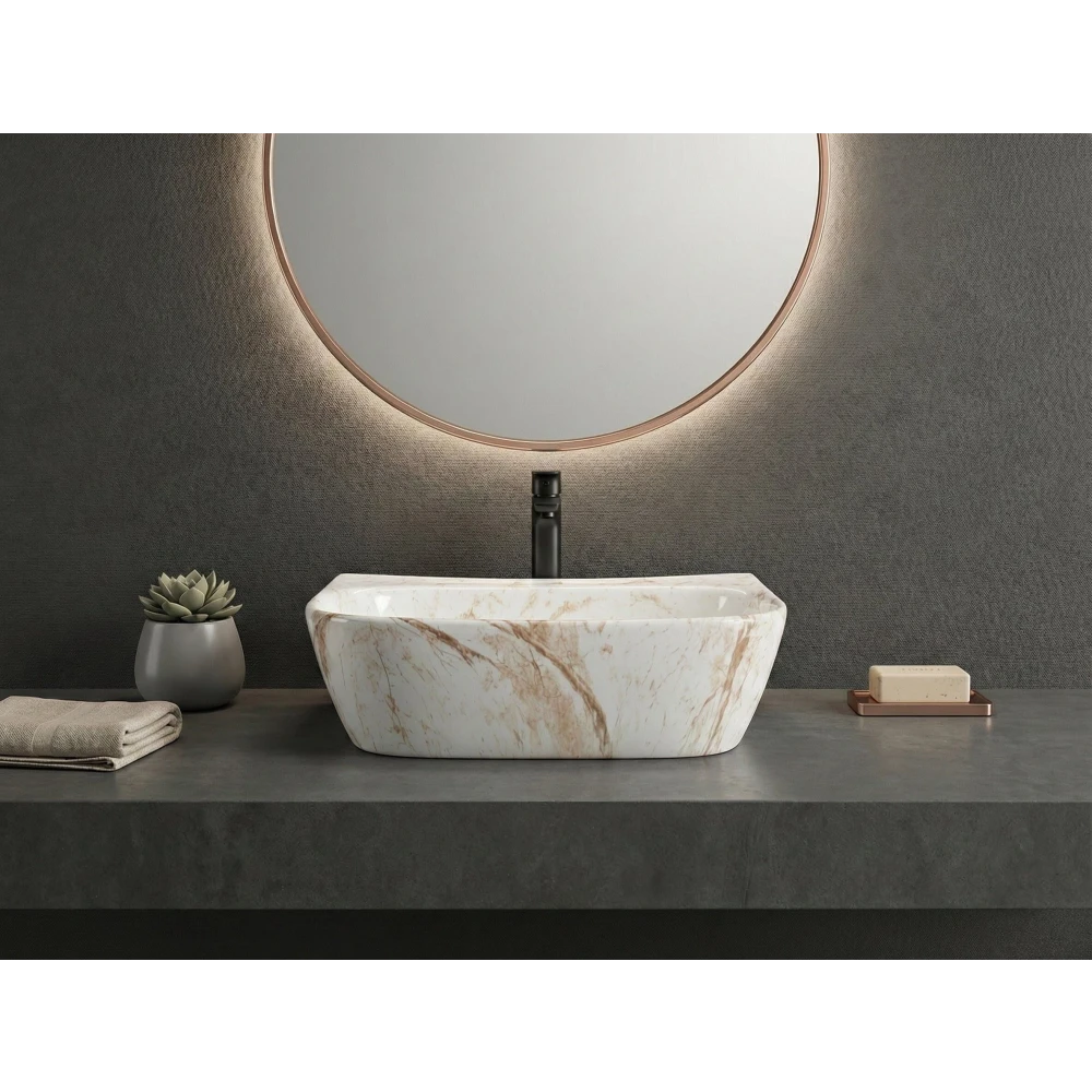 Foxx Sanitaryware 2 in 1 Wall Mount & Table Top Ceramic Premium Wash basin DD2 (M-10) (16x12x5) DD2 (M-10) Wall Hung Basin (White & Beige Marble Design)