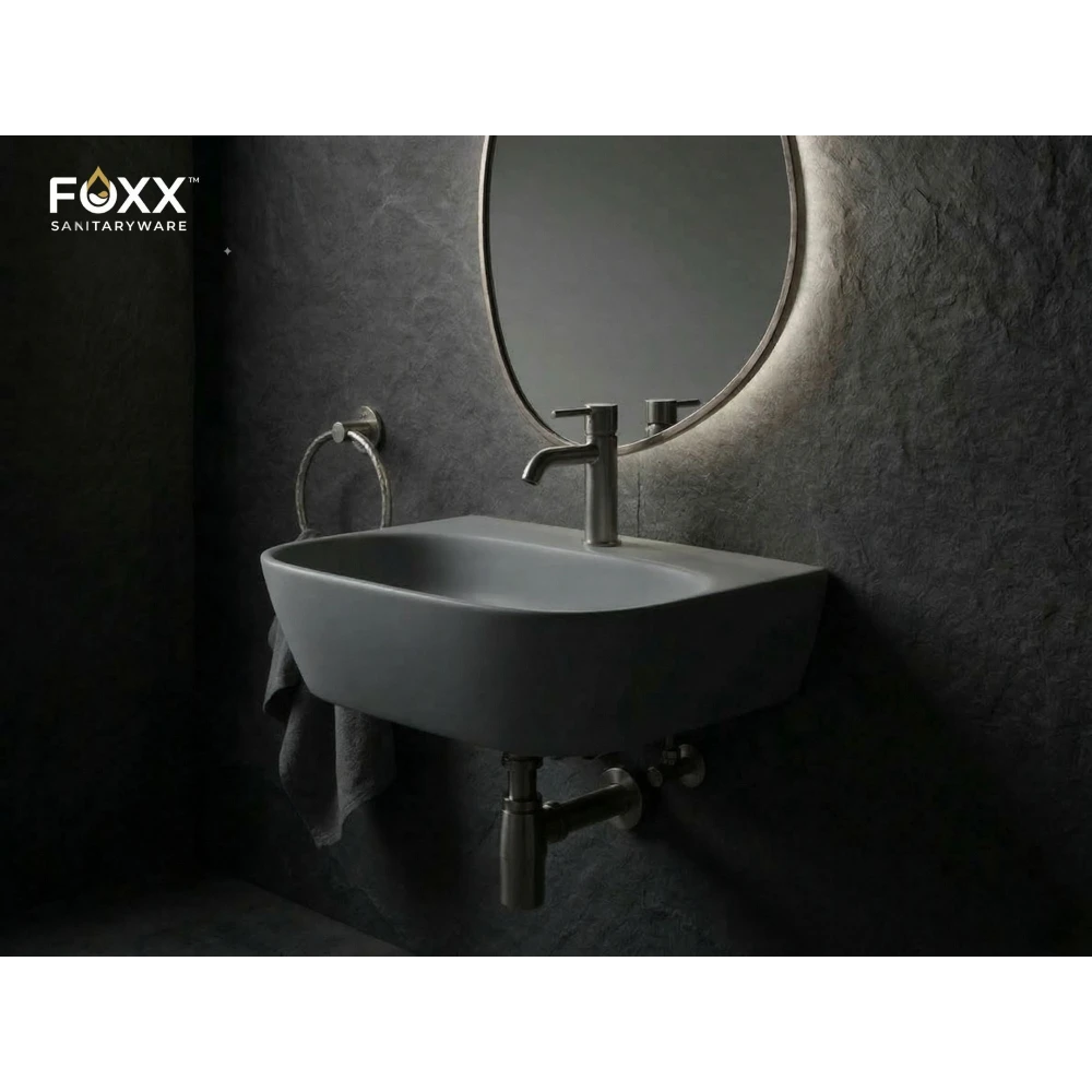 Foxx Sanitaryware 2 in 1 Wall Mount & Table Top Ceramic Premium Wash basin (Matt Grey) (16x12x5) (Grey Matt) Wall Hung Basin (Plain Grey Matt)