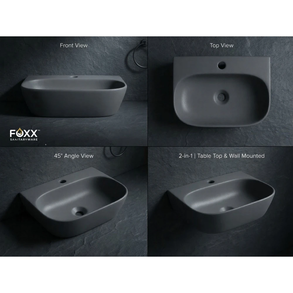 Foxx Sanitaryware 2 in 1 Wall Mount & Table Top Ceramic Premium Wash basin (Matt Grey) (16x12x5) (Grey Matt) Wall Hung Basin (Plain Grey Matt)