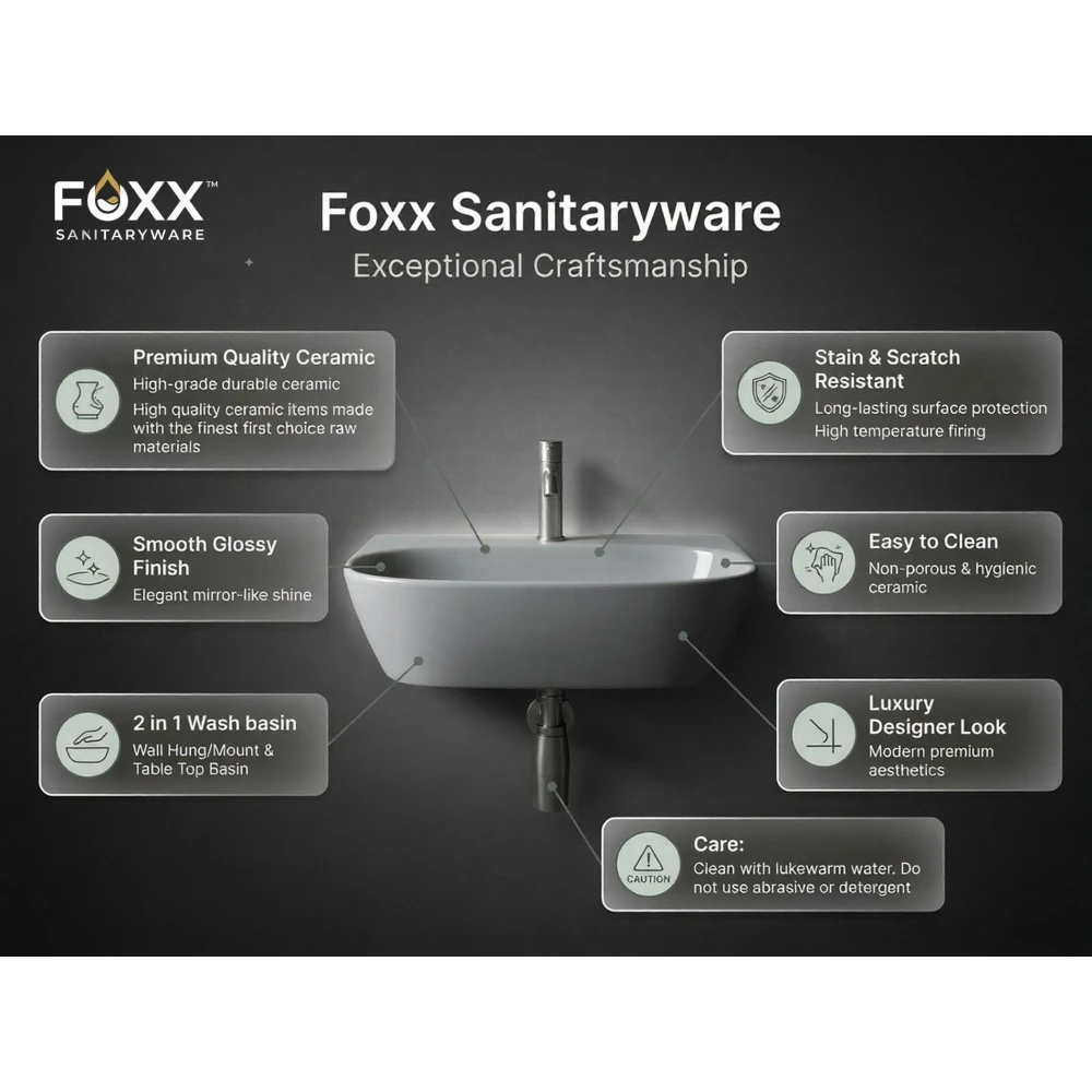 Foxx Sanitaryware 2 in 1 Wall Mount & Table Top Ceramic Premium Wash basin (Matt Grey) (16x12x5) (Grey Matt) Wall Hung Basin (Plain Grey Matt)