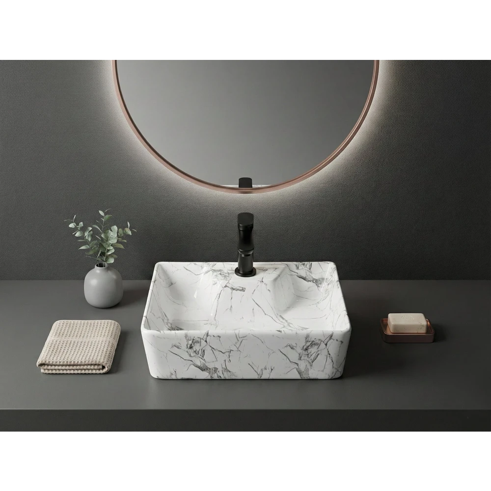 Foxx Sanitaryware 2 in 1 Wall Mount & Table Top Ceramic Premium Wash basin (M-06) (16x12x5) (M-06) Wall Hung Basin (White & Grey Marble Design)