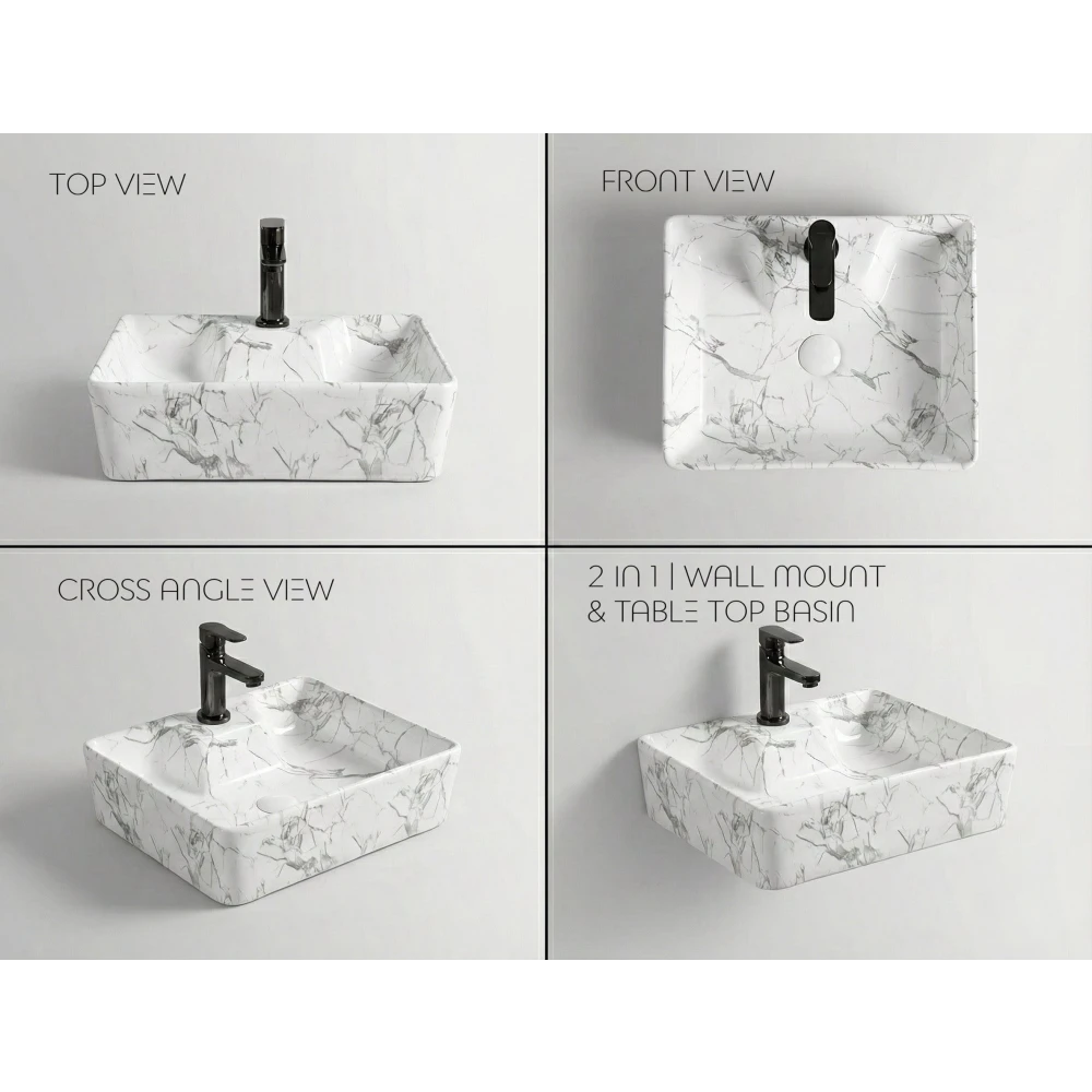 Foxx Sanitaryware 2 in 1 Wall Mount & Table Top Ceramic Premium Wash basin (M-06) (16x12x5) (M-06) Wall Hung Basin (White & Grey Marble Design)