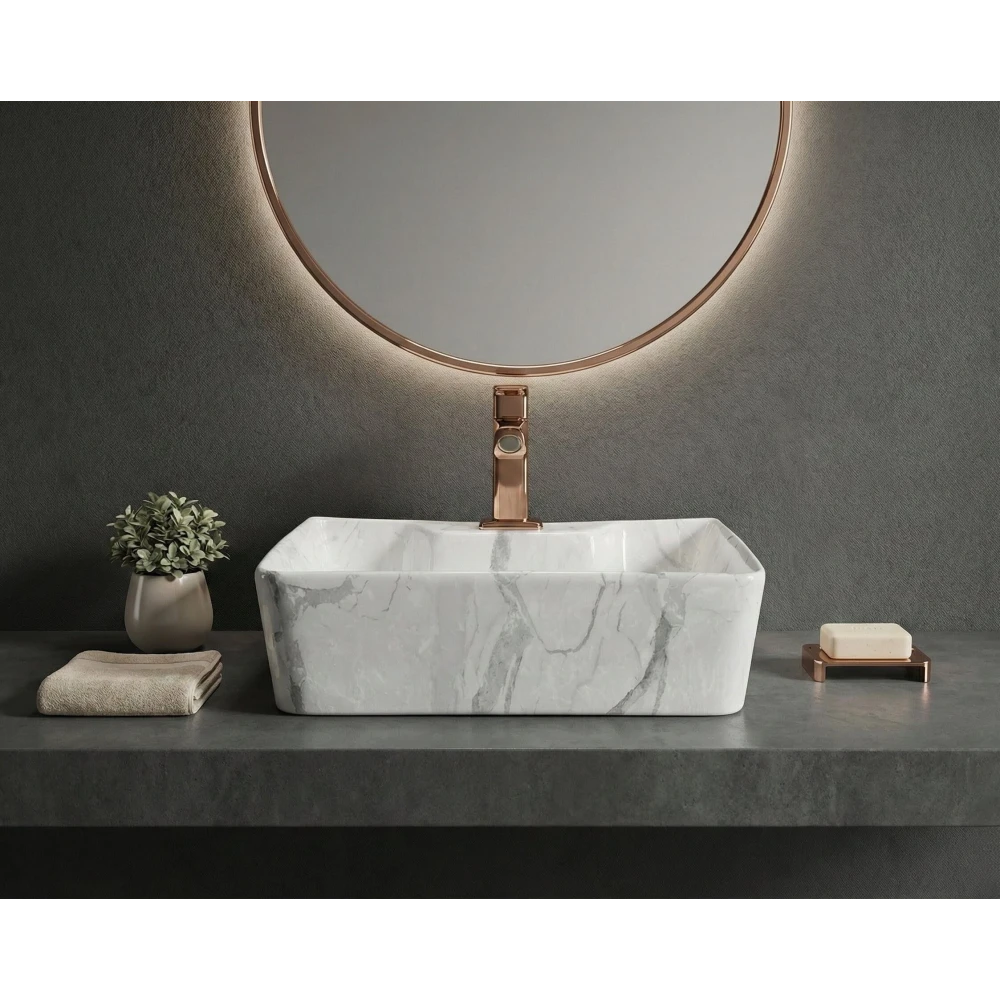 Foxx Sanitaryware 2 in 1 Wall Mount & Table Top Ceramic Premium Wash basin (M-08) (16x12x5) (M-08) Wall Hung Basin (Grey Marble Design)