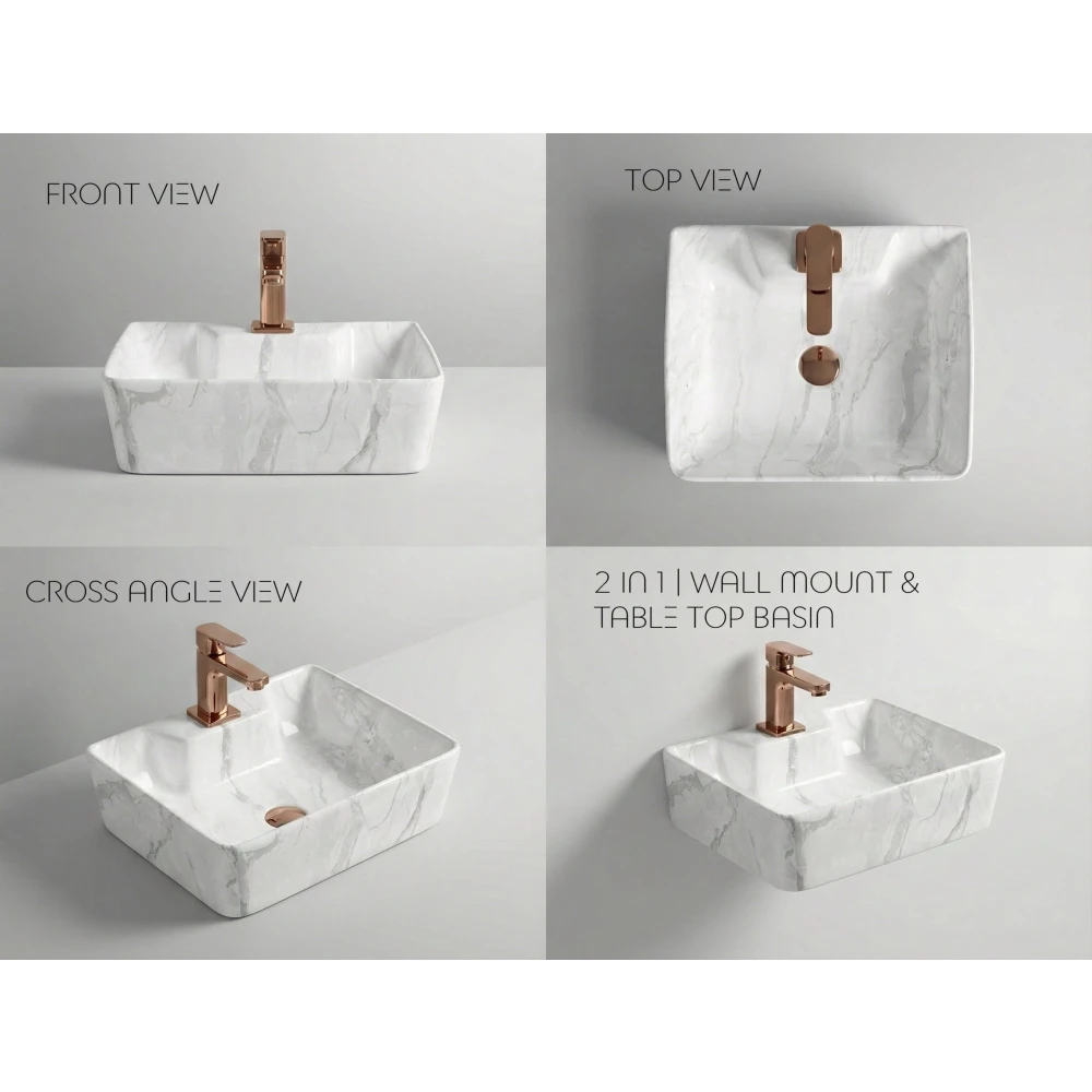 Foxx Sanitaryware 2 in 1 Wall Mount & Table Top Ceramic Premium Wash basin (M-08) (16x12x5) (M-08) Wall Hung Basin (Grey Marble Design)
