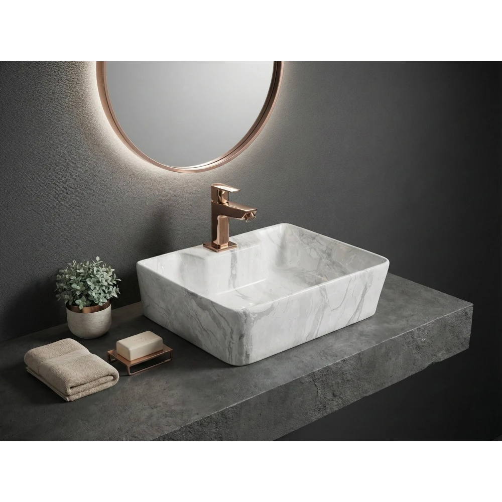 Foxx Sanitaryware 2 in 1 Wall Mount & Table Top Ceramic Premium Wash basin (M-08) (16x12x5) (M-08) Wall Hung Basin (Grey Marble Design)