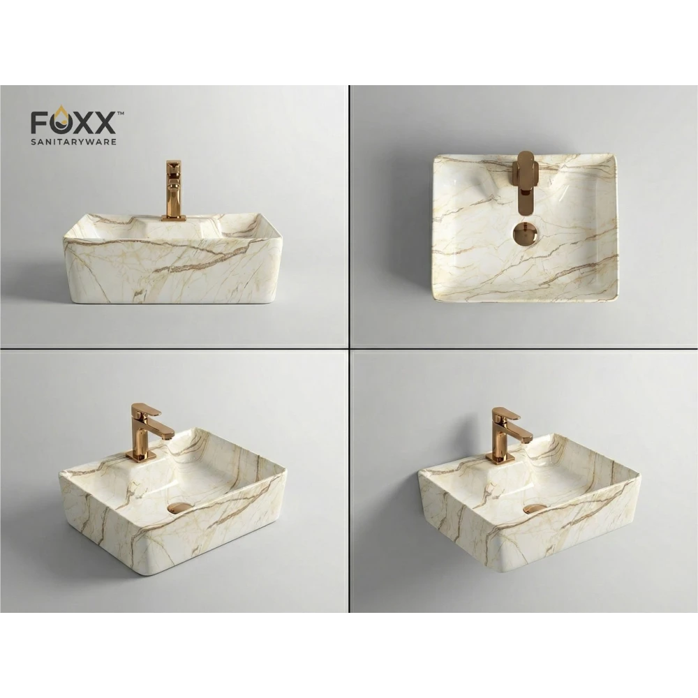 Foxx Sanitaryware 2 in 1 Wall Mount & Table Top Ceramic Premium Wash basin (M-09) (16x12x5) (M-09) Wall Hung Basin (Ivory Marble Design)