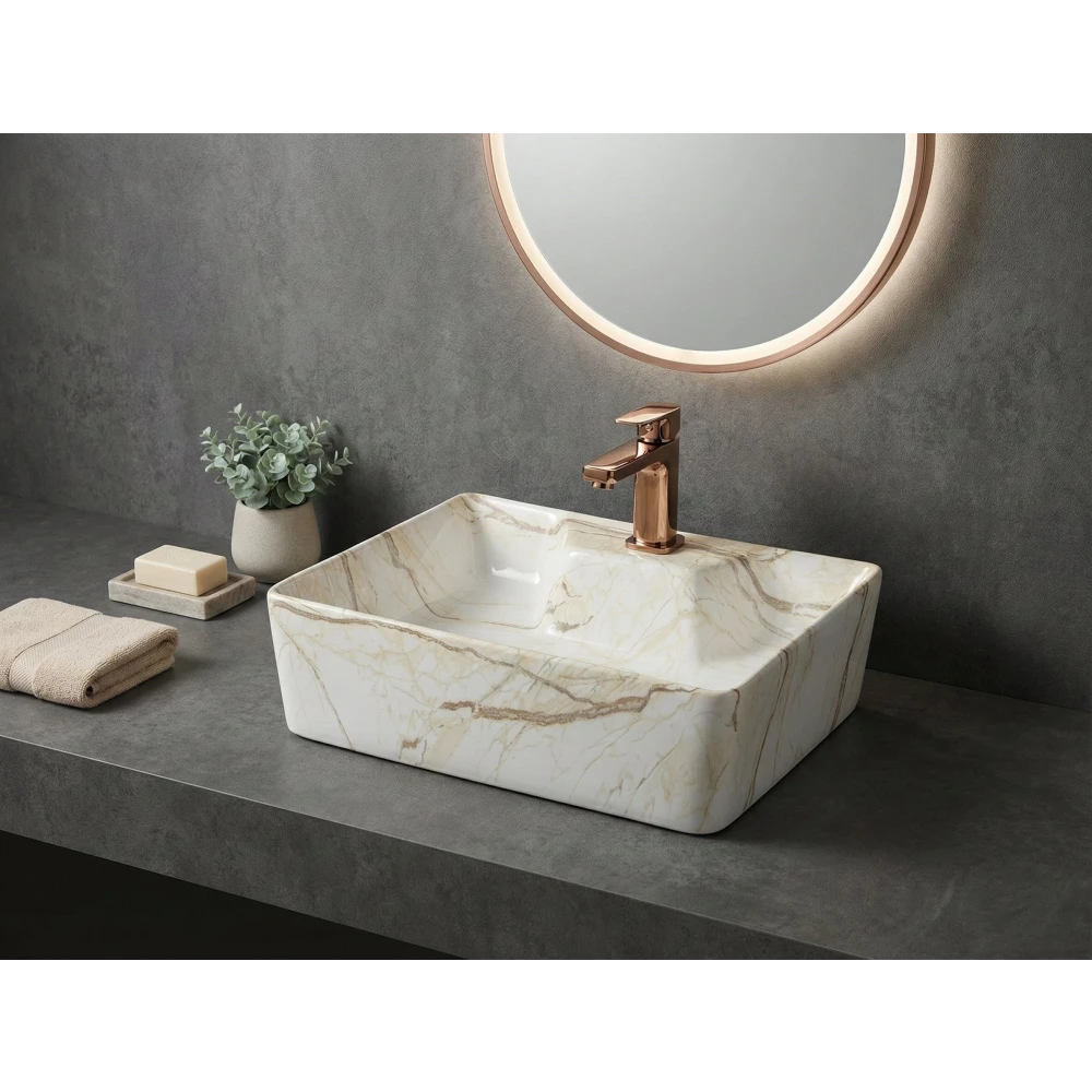 Foxx Sanitaryware 2 in 1 Wall Mount & Table Top Ceramic Premium Wash basin (M-09) (16x12x5) (M-09) Wall Hung Basin (Ivory Marble Design)