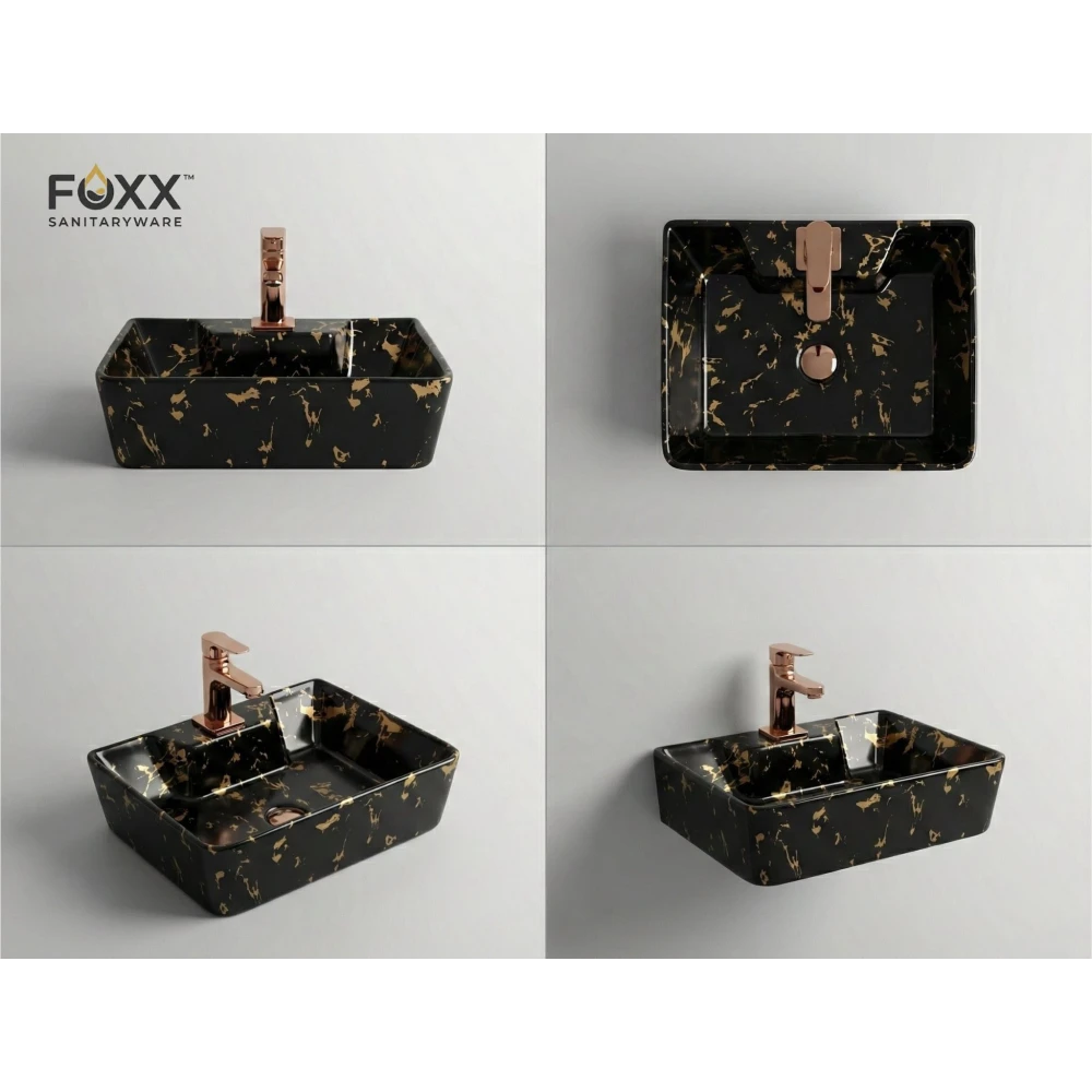 Foxx Sanitaryware 2 in 1 Wall Mount & Table Top Ceramic Premium Wash basin (M-24) (16x12x5) (M-24) Wall Hung Basin (Black & Gold Marble Design)