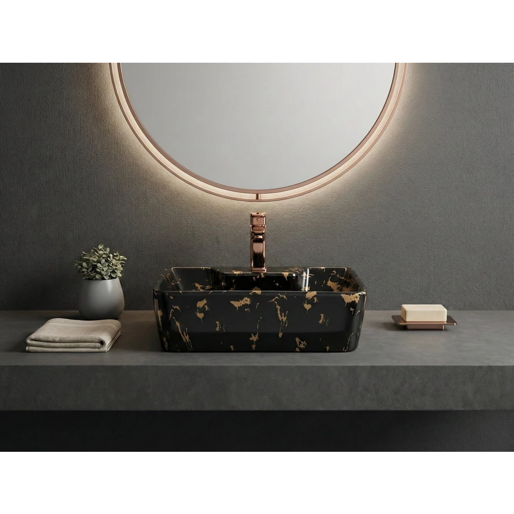 Foxx Sanitaryware 2 in 1 Wall Mount & Table Top Ceramic Premium Wash basin (M-24) (16x12x5) (M-24) Wall Hung Basin (Black & Gold Marble Design)