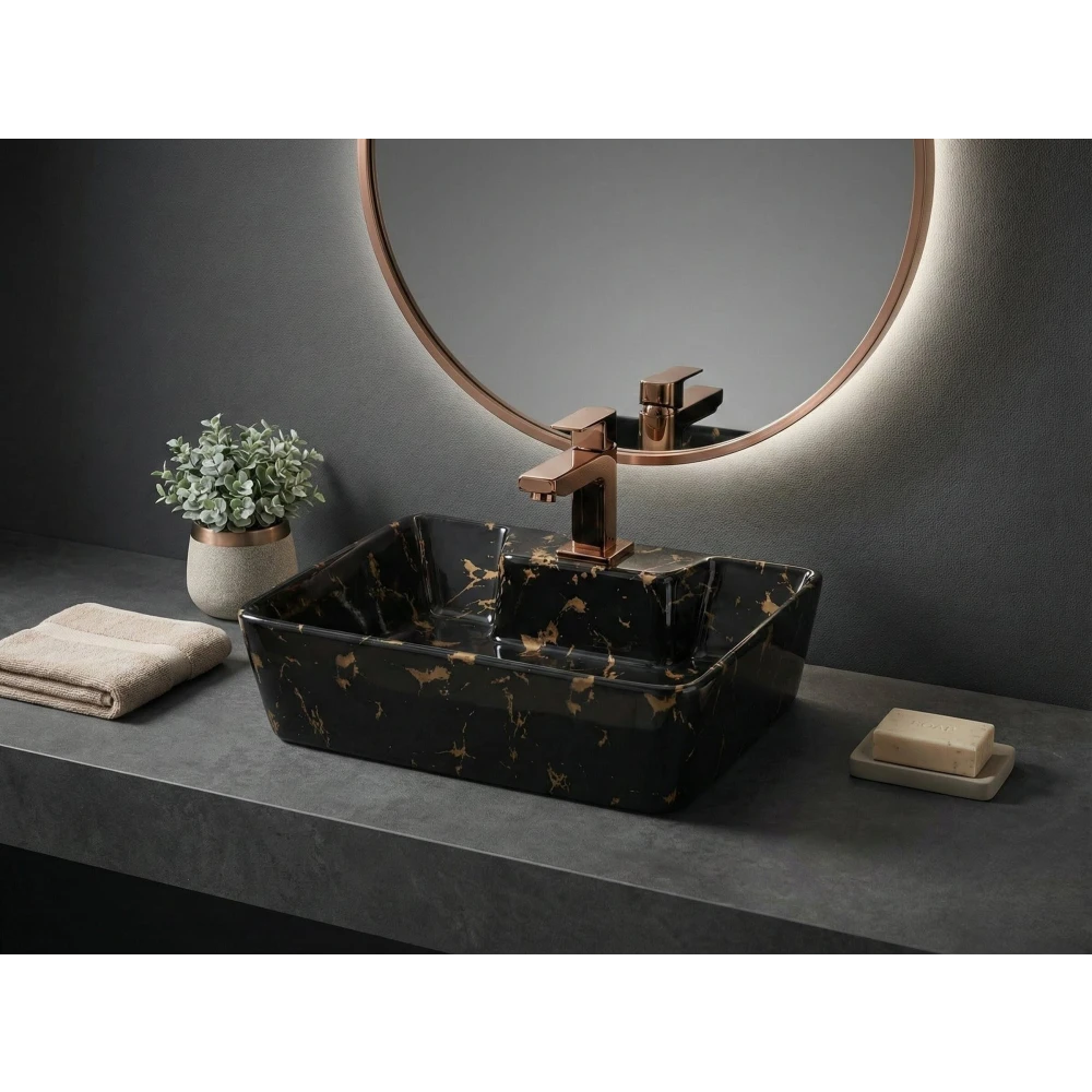 Foxx Sanitaryware 2 in 1 Wall Mount & Table Top Ceramic Premium Wash basin (M-24) (16x12x5) (M-24) Wall Hung Basin (Black & Gold Marble Design)