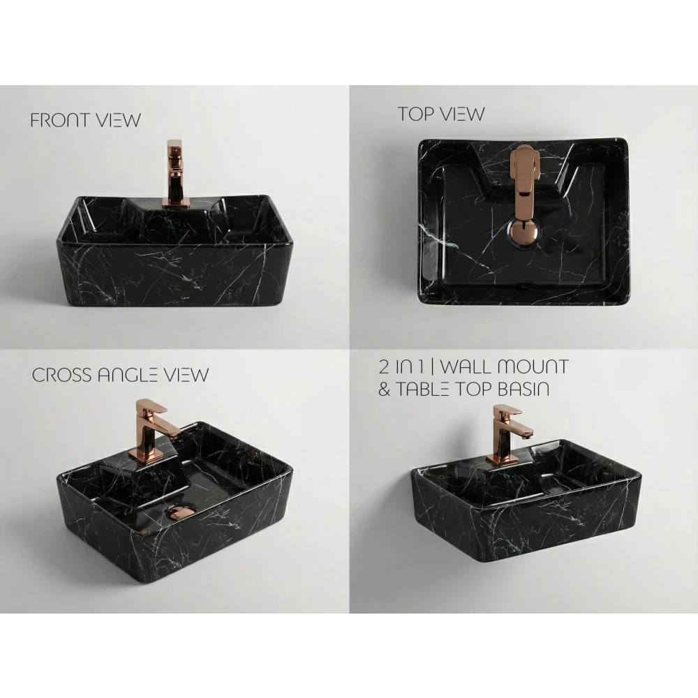Foxx Sanitaryware 2 in 1 Wall Mount & Table Top Ceramic Premium Wash basin (M-25) (16x12x5) (M-25) Wall Hung Basin (Black & Grey Marble Design)