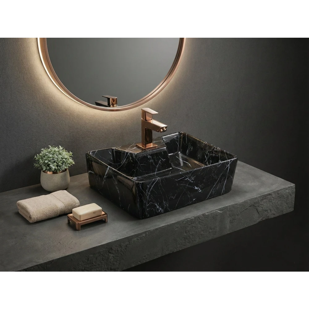 Foxx Sanitaryware 2 in 1 Wall Mount & Table Top Ceramic Premium Wash basin (M-25) (16x12x5) (M-25) Wall Hung Basin (Black & Grey Marble Design)