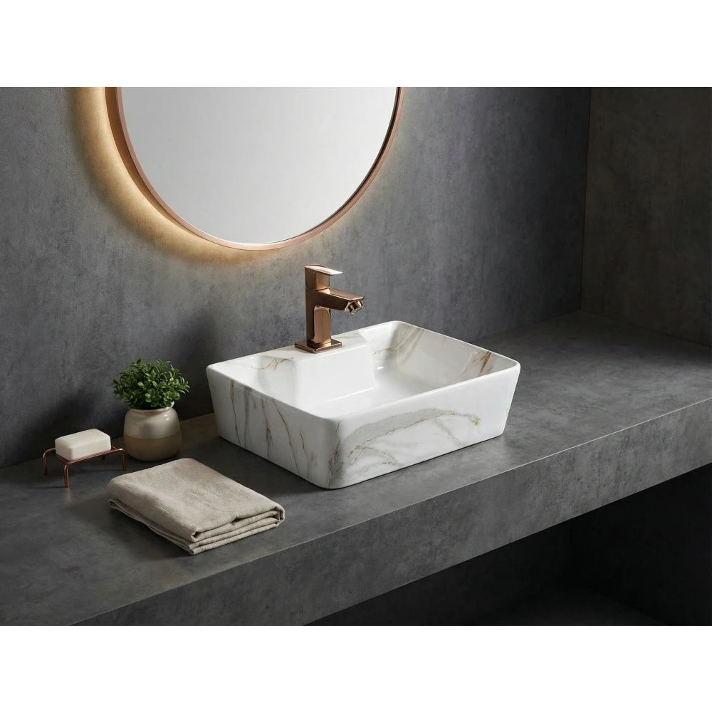 Foxx Sanitaryware 2 in 1 Wall Mount & Table Top Ceramic Premium Wash basin (M-34) (16x12x5) (M-34) Wall Hung Basin (White & Light Grey Marble Design)