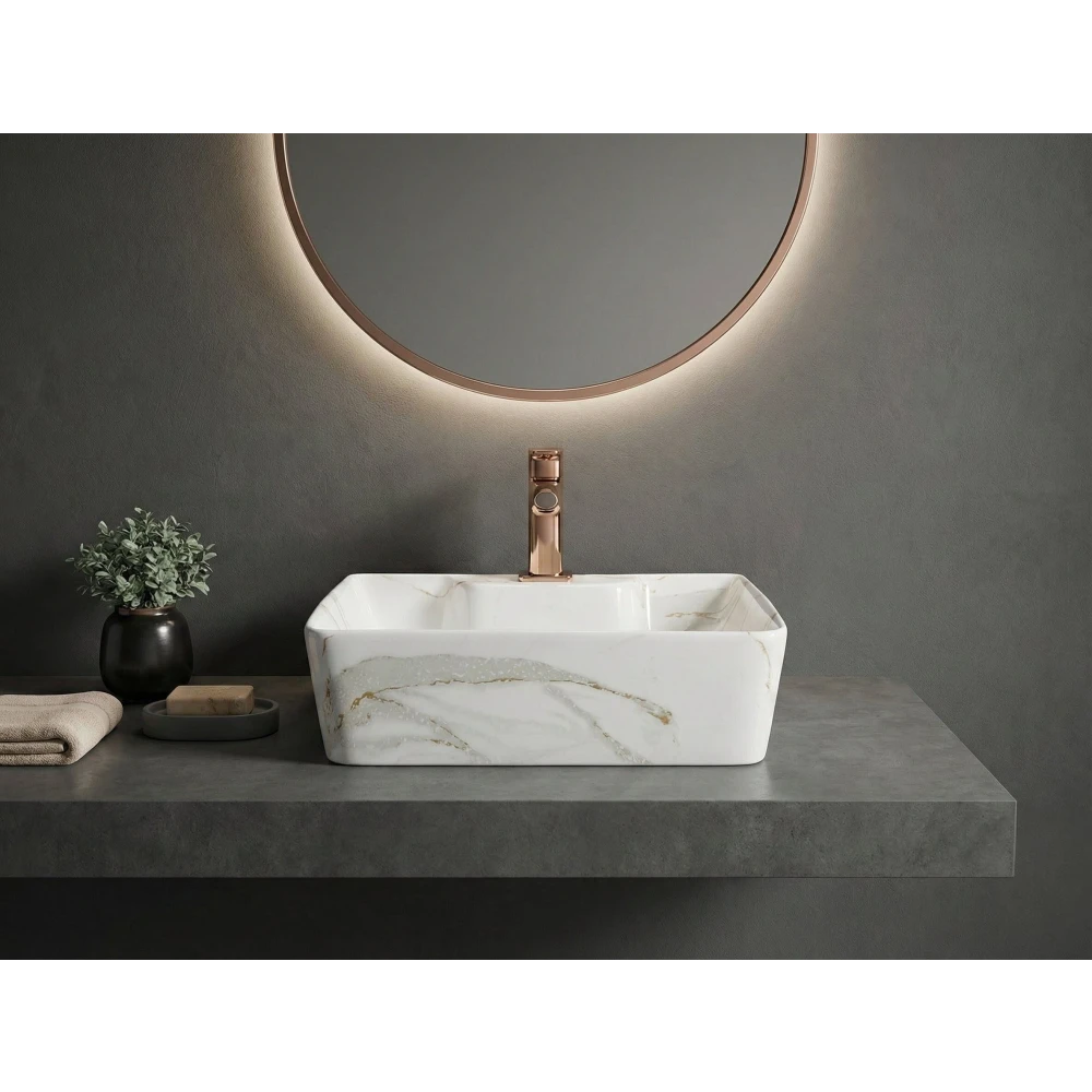 Foxx Sanitaryware 2 in 1 Wall Mount & Table Top Ceramic Premium Wash basin (M-34) (16x12x5) (M-34) Wall Hung Basin (White & Light Grey Marble Design)
