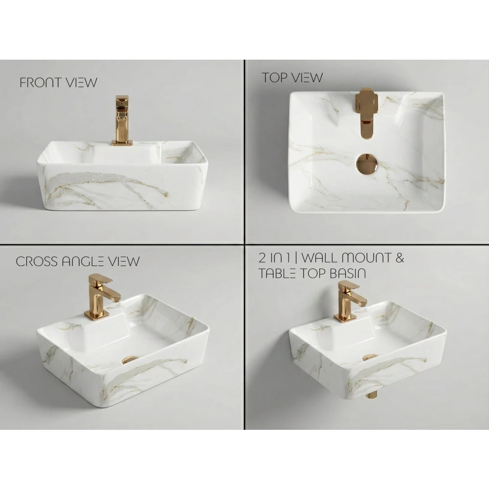 Foxx Sanitaryware 2 in 1 Wall Mount & Table Top Ceramic Premium Wash basin (M-34) (16x12x5) (M-34) Wall Hung Basin (White & Light Grey Marble Design)