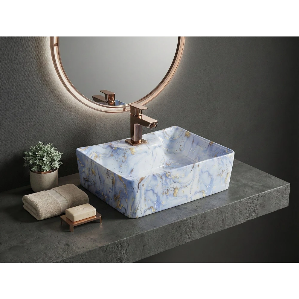 Foxx Sanitaryware 2 in 1 Wall Mount & Table Top Ceramic Premium Wash basin (M-61) (16x12x5) (M-61) Wall Hung Basin (Light Blue Marble Design)
