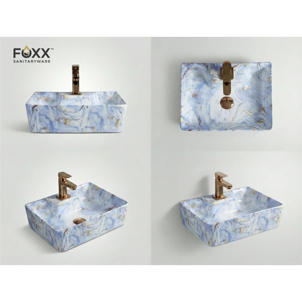 Foxx Sanitaryware 2 in 1 Wall Mount & Table Top Ceramic Premium Wash basin (M-61) (16x12x5) (M-61) Wall Hung Basin (Light Blue Marble Design)