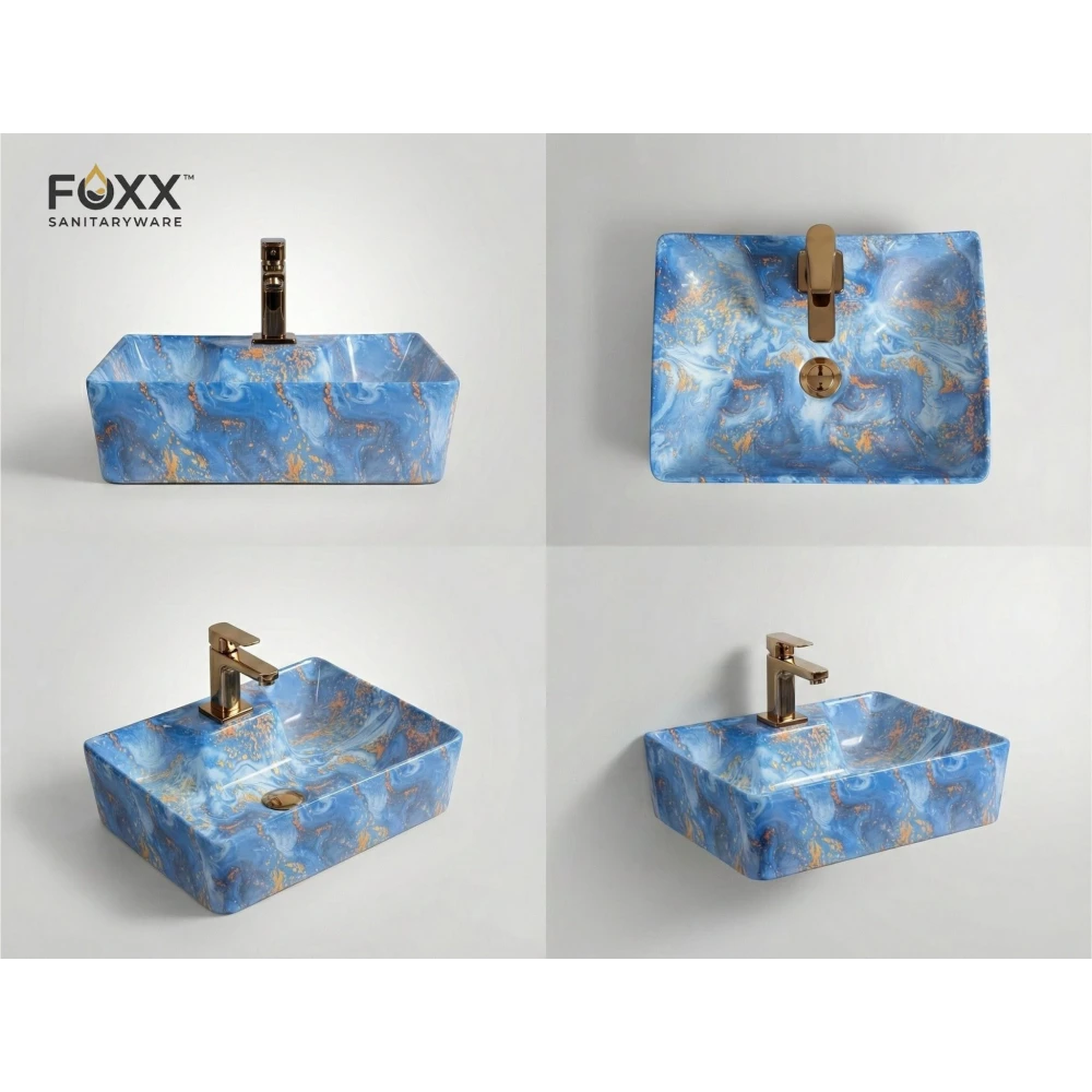 Foxx Sanitaryware 2 in 1 Wall Mount & Table Top Ceramic Premium Wash basin (M-81) (16x12x5) (M-81) Wall Hung Basin (Blue Marble Design)