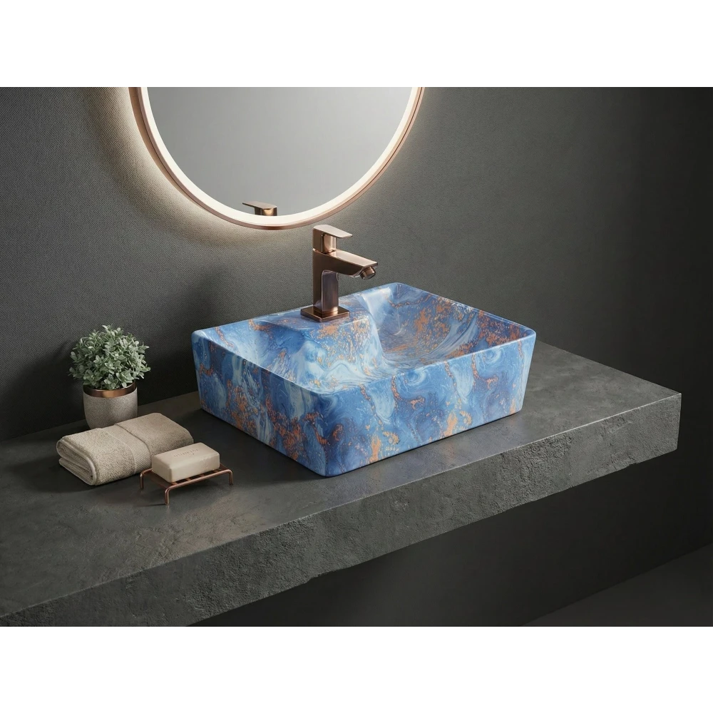 Foxx Sanitaryware 2 in 1 Wall Mount & Table Top Ceramic Premium Wash basin (M-81) (16x12x5) (M-81) Wall Hung Basin (Blue Marble Design)