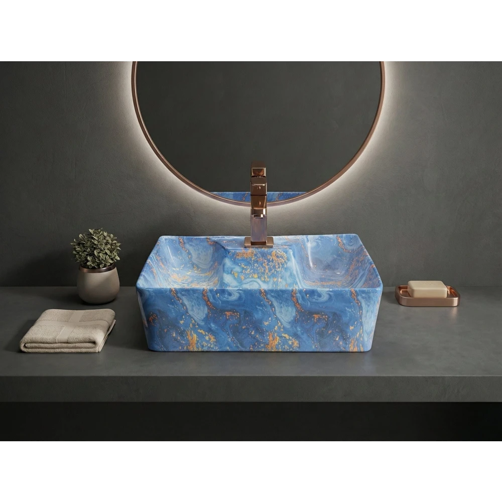 Foxx Sanitaryware 2 in 1 Wall Mount & Table Top Ceramic Premium Wash basin (M-81) (16x12x5) (M-81) Wall Hung Basin (Blue Marble Design)