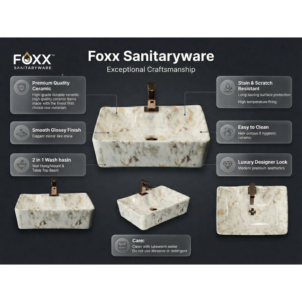 Foxx Sanitaryware 2 in 1 Wall Mount & Table top Ceramic Premium Designer Wash Basin(16x12x5)(M-01) (16x12x5) (M001) Wall Hung Basin (White & Golden Marble Design)