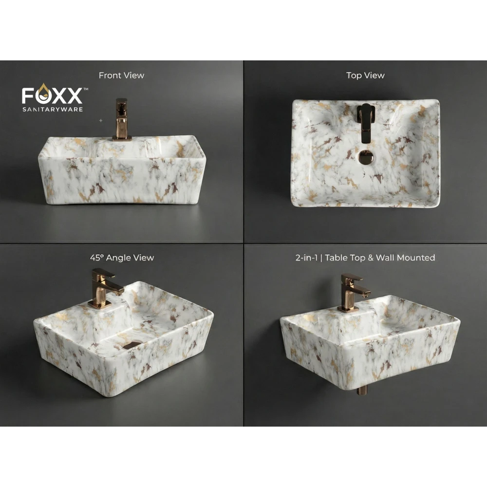 Foxx Sanitaryware 2 in 1 Wall Mount & Table top Ceramic Premium Designer Wash Basin(16x12x5)(M-01) (16x12x5) (M001) Wall Hung Basin (White & Golden Marble Design)