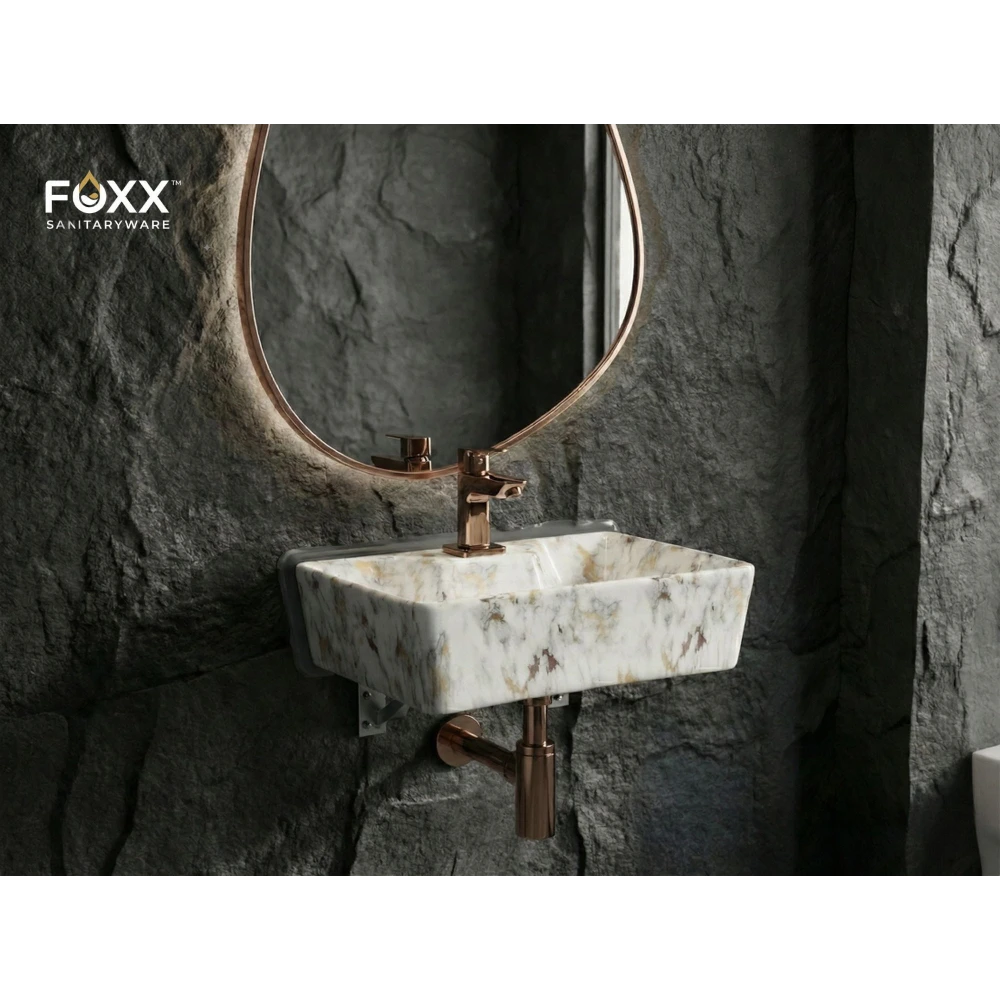 Foxx Sanitaryware 2 in 1 Wall Mount & Table top Ceramic Premium Designer Wash Basin(16x12x5)(M-01) (16x12x5) (M001) Wall Hung Basin (White & Golden Marble Design)