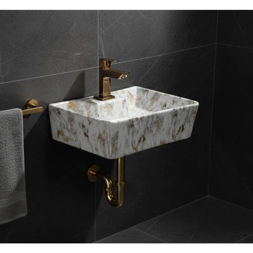 FOXX Ceramic Premium Wash basin for Home, Hotels (16x12x5)(M-01) (16x12x5) (M01) Royal White Marble Design Wall Hung Basin (Royal White Marble Design)