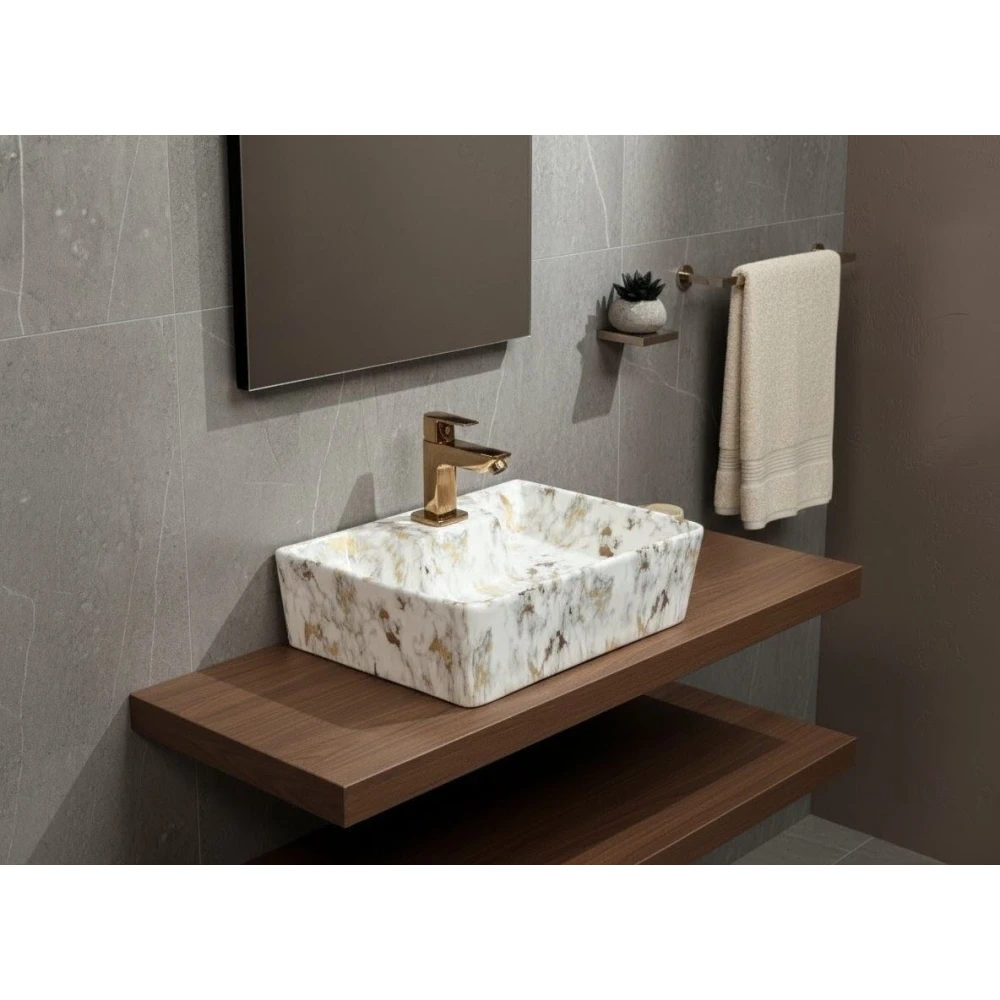 FOXX Ceramic Premium Wash basin for Home, Hotels (16x12x5)(M-01) (16x12x5) (M01) Royal White Marble Design Wall Hung Basin (Royal White Marble Design)