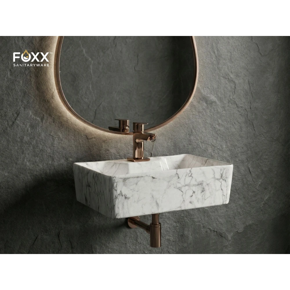 Foxx Sanitaryware 2 in 1 Wall Mount & Table top Ceramic Premium Designer Wash Basin(16x12x5)(M-05) (16x12x5) (M05) Wall Hung Basin (White & Light Grey Marble Design)