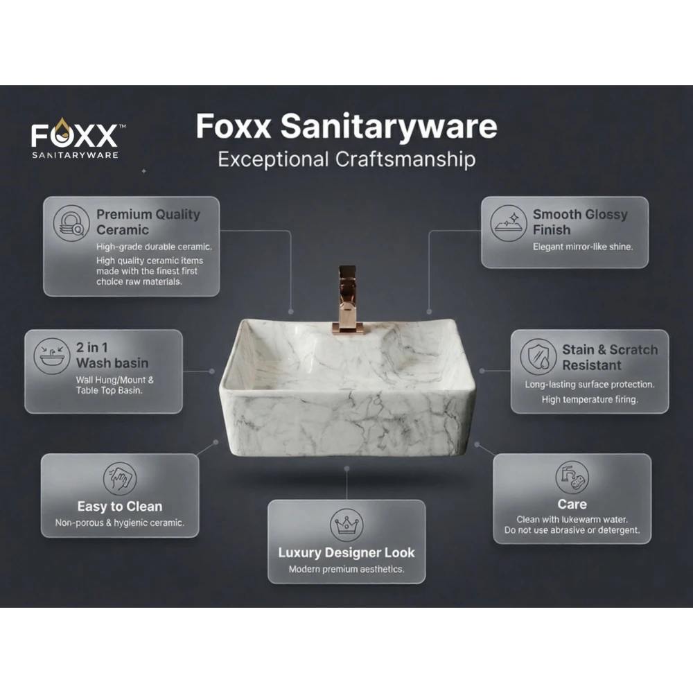 Foxx Sanitaryware 2 in 1 Wall Mount & Table top Ceramic Premium Designer Wash Basin(16x12x5)(M-05) (16x12x5) (M05) Wall Hung Basin (White & Light Grey Marble Design)