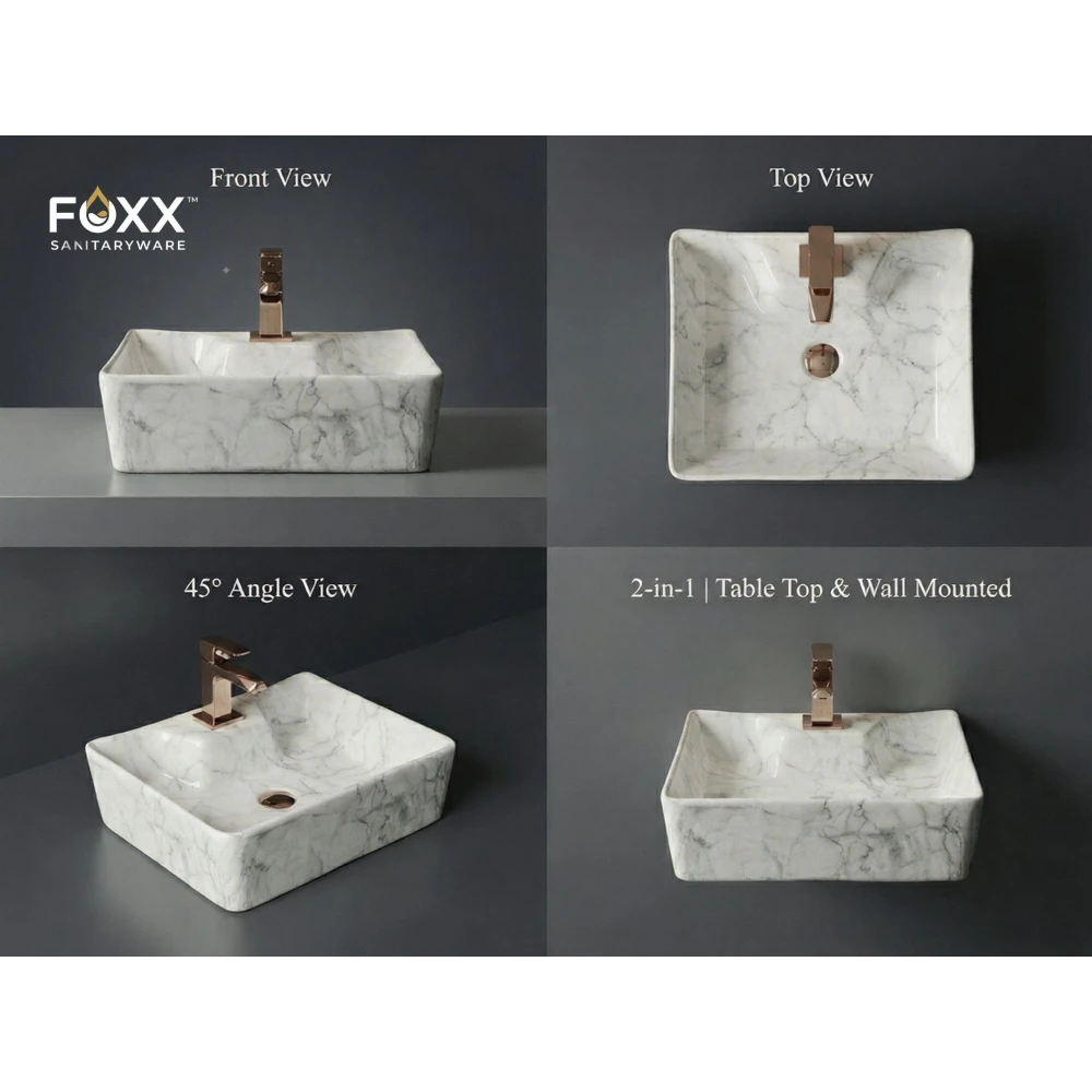 Foxx Sanitaryware 2 in 1 Wall Mount & Table top Ceramic Premium Designer Wash Basin(16x12x5)(M-05) (16x12x5) (M05) Wall Hung Basin (White & Light Grey Marble Design)