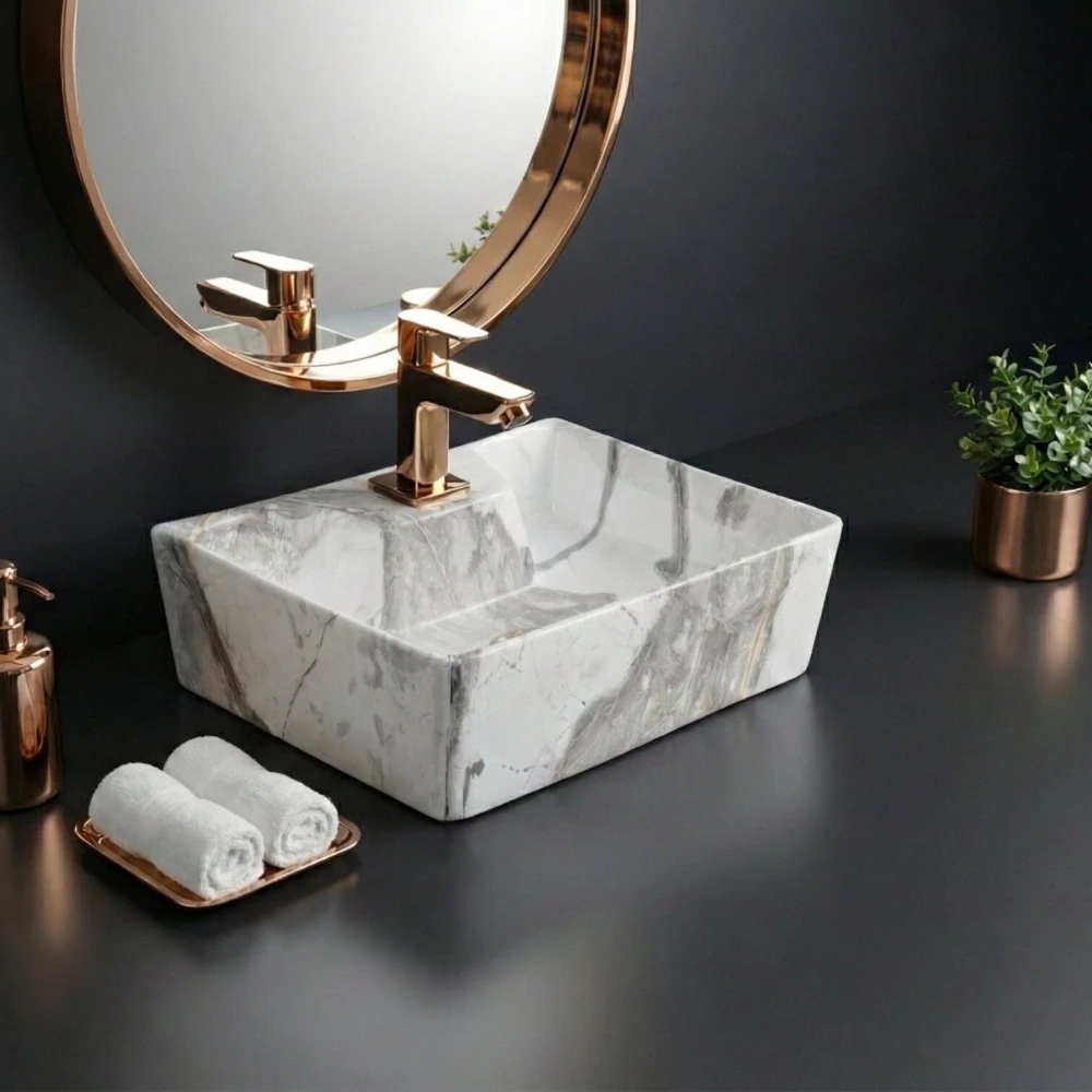 FOXX 2 in 1 Wall Mount & Table Top Ceramic Premium Wash basin (M-07) (16x12x5) (M07) Wall Hung Basin (White & Grey Marble Design)