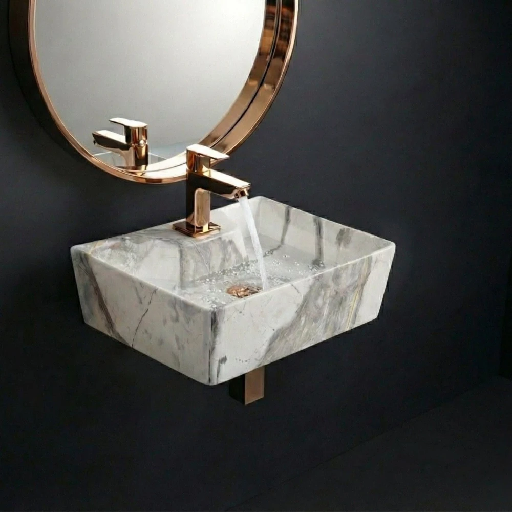 FOXX 2 in 1 Wall Mount & Table Top Ceramic Premium Wash basin (M-07) (16x12x5) (M07) Wall Hung Basin (White & Grey Marble Design)