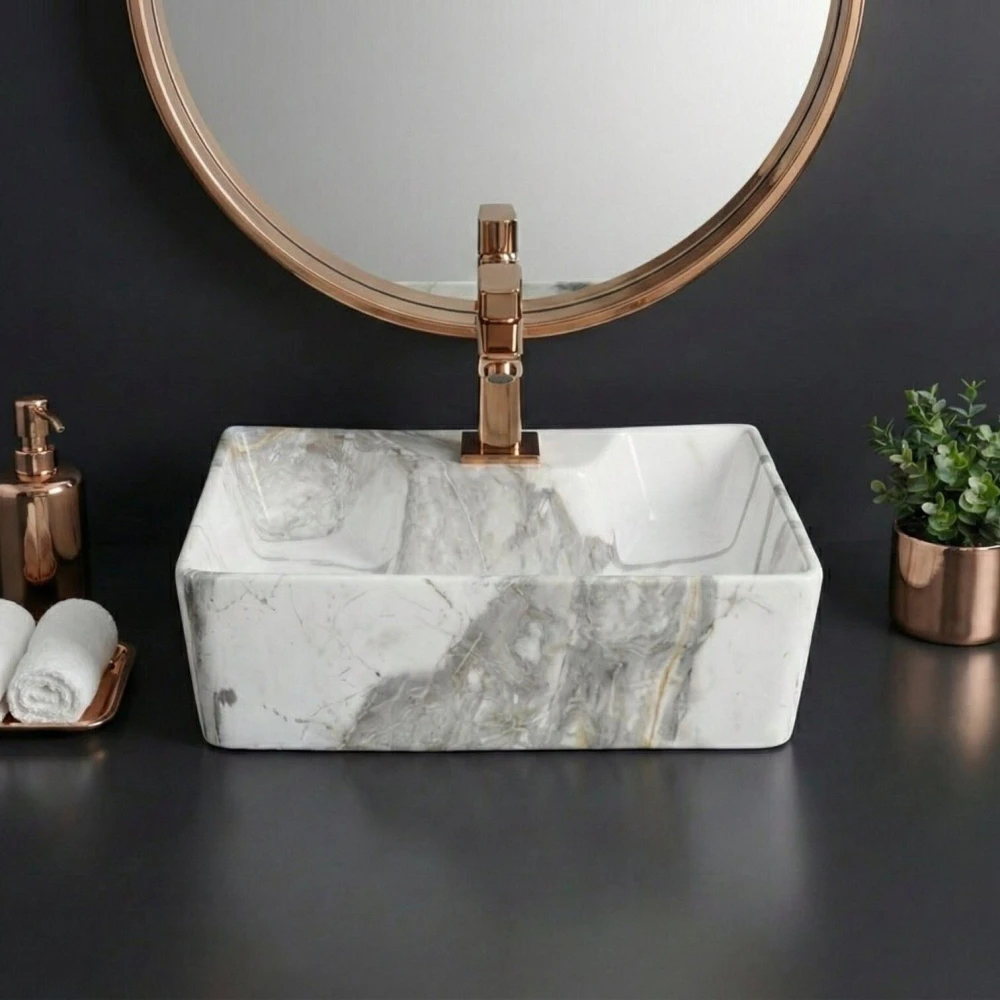 FOXX 2 in 1 Wall Mount & Table Top Ceramic Premium Wash basin (M-07) (16x12x5) (M07) Wall Hung Basin (White & Grey Marble Design)