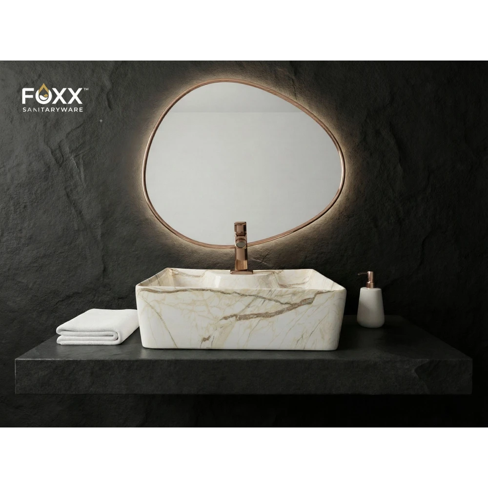Foxx Sanitaryware 2 in 1 Wall Mount & Table top Ceramic Premium Designer Wash Basin(16x12x5)(M-09) (16x12x5) (M09) Wall Hung Basin (Ivory Marble Figure)