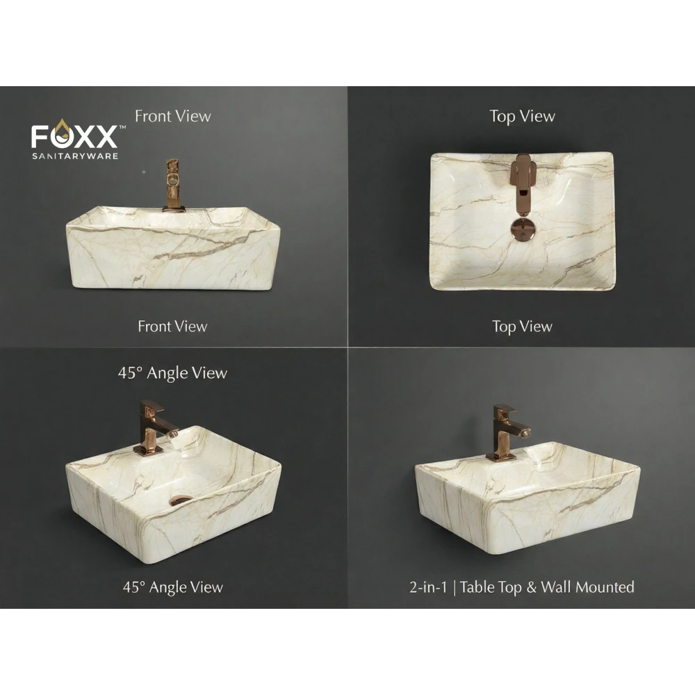 Foxx Sanitaryware 2 in 1 Wall Mount & Table top Ceramic Premium Designer Wash Basin(16x12x5)(M-09) (16x12x5) (M09) Wall Hung Basin (Ivory Marble Figure)